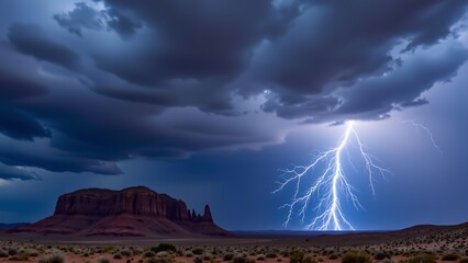 A photograph of a nighttime thunderstorm over a desert landscape