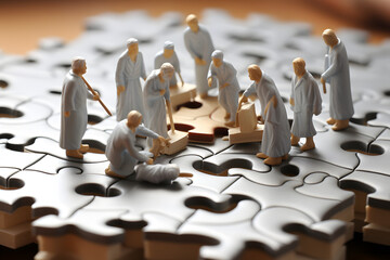 Ten figurines work together to solve a puzzle on a wooden table in a tranquil, softly lit setting
