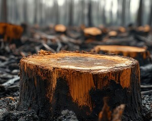 Fototapeta premium A closeup of tree stumps in a deforested area, Deforestation, Impactful and concerning