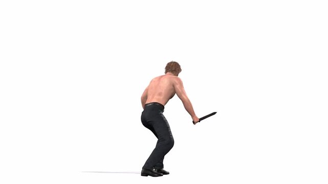 4k Warrior boy sword attack loop in the battle animation back view on the white screen background, The 3D character of a young boy sword war attack on the enemy, easy-to-remove background