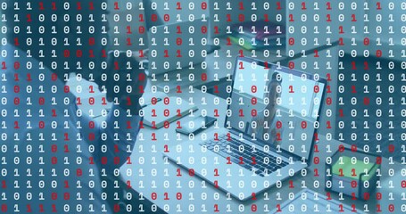 business team connecting and viewing on office desk with laptop, smartphone and binary code overlay - Powered by Adobe