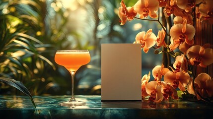 Elegant cocktail on a glass table with flowers