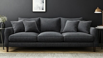 Dark gray sofa in a modern living room setting.