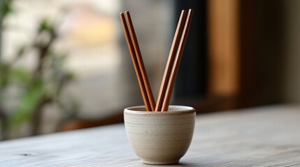 Wooden Chopsticks in Beige Ceramic Holder Minimalist Asian Style Tabletop Still Life Photography Natural Wood Texture Simple Elegant Design Rustic    