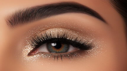 Obraz premium Close-up of one female eye with shimmery gold eyeshadow and long voluminous lashes