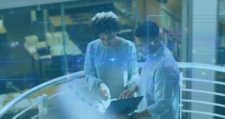 Two professionals collaborating on business tech, showcasing holographic data overlay with grids - Powered by Adobe