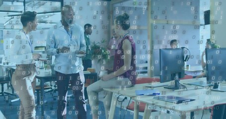 three coworkers chatting and holding coffee mugs in technology office, with binary code overlay - Powered by Adobe
