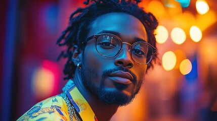 Man with dreadlocks and glasses poses against a colorful bokeh background.