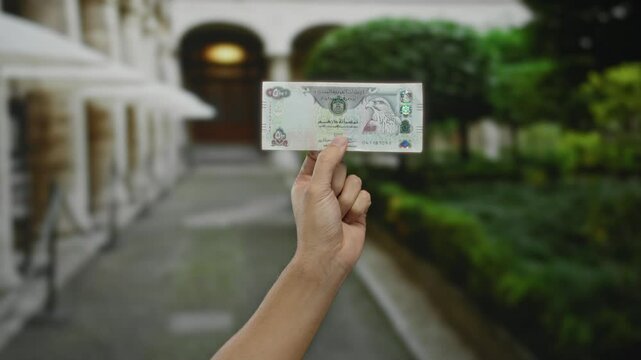 Man holding united arab emirates dirham banknote outdoors in city street, showcasing currency in hand against urban backdrop with blurred buildings and greenery.