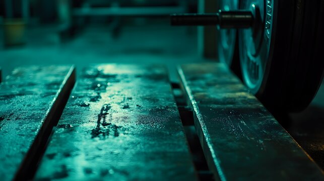Close-up view of a dark, teal-toned weightlifting platform.