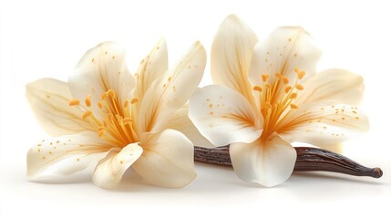 Two vanilla flowers with a vanilla bean on a white background.