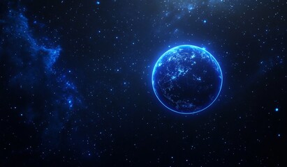 A vibrant blue Earth, highlighted by celestial glow, floats in the vast cosmos.  A detailed digital rendering showcases planet Earth's intricate network of light,  surrounded by nebulae and stars