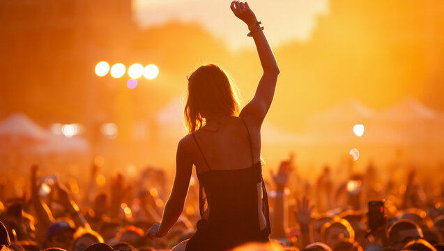 A woman raises her arm while sitting on someone's shoulders, enjoying a lively concert at sunset. The crowd around her is filled with energy and excitement. Generative AI.