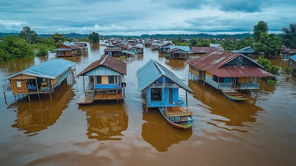 Fototapeta premium Elevated dwellings stand amidst the floodwaters, highlighting the resilience community