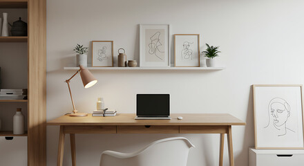 Minimalist workspace setup with neutral tones, natural wood furniture, laptop, and line art for a serene and modern aesthetic.