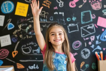 A student proudly raising her hand to answer a question, her desk adorned with school essentials, a classic chalkboard behind her featuring inspirational learning quotes."