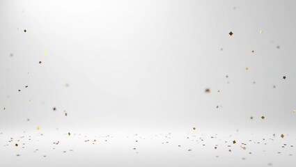 White empty scene with falling confetti and glitters sparkles. Empty gray studio background. Minimal scene for mockup products, showcase, promotion display. Simple and clean