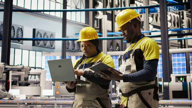 Team of smart factory mechanics working together to test systems, doing maintenance. Industry 4.0 plant teamworking repairmen inspecting equipment to identify glitches, doing brainstorming, camera A