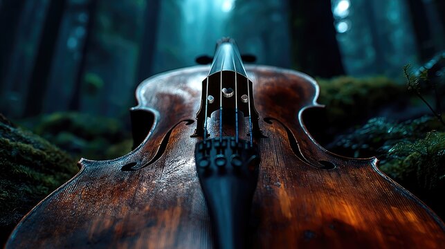 Close-up view of a vintage cello resting in a mystical forest.