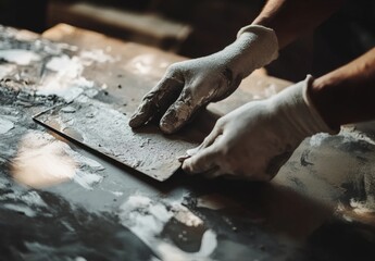 Hands in gloves smoothing plaster on a surface