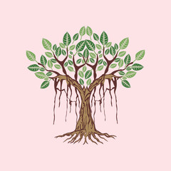 Illustration of a tree with green leaves and roots on a pink background. tree icon design, Design element illustration of a big banyan tree. Illustration of banyan tree