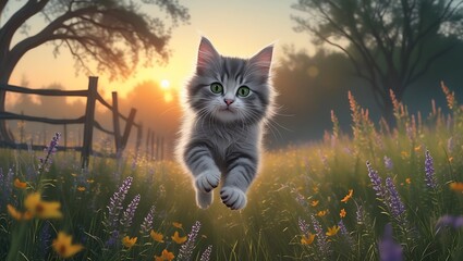 Obraz premium A cute black domestic cat, a young feline with striking eyes, looks out from the green grass in the garden