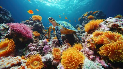 Naklejka premium Sea turtle swims among colorful coral reef with fish in clear blue water.