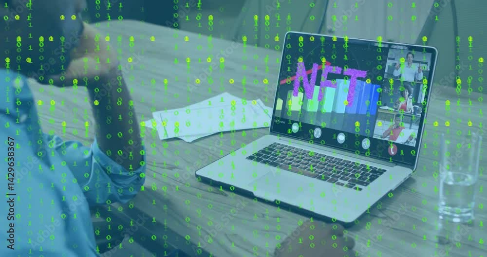Poster Man leaning over desk in tech meeting, analyzing NFT chart on laptop under floating binary code