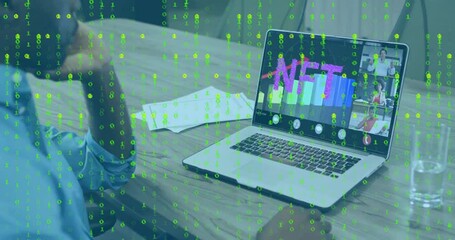 Man leaning over desk in tech meeting, analyzing NFT chart on laptop under floating binary code - Powered by Adobe