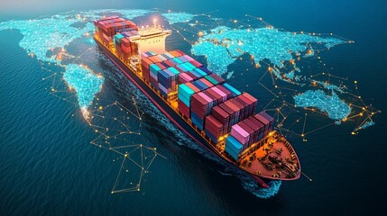 Globalized cargo ship traversing interconnected world map.
