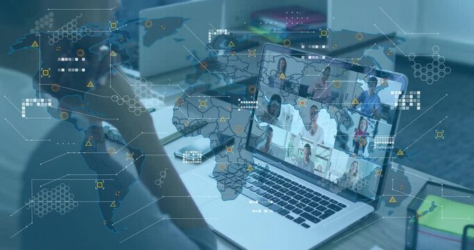 Person working on laptop participating in global business meeting with digital network map overlays