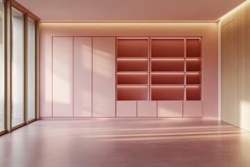 Modern, minimalist, pink interior design featuring built-in shelving and cabinets.  Natural light floods the room, creating a serene and airy space