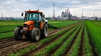 Fototapeta premium Orange tractor working a green field near industrial plant.