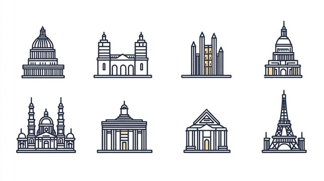 European landmarks, architectural icons, travel guide illustration