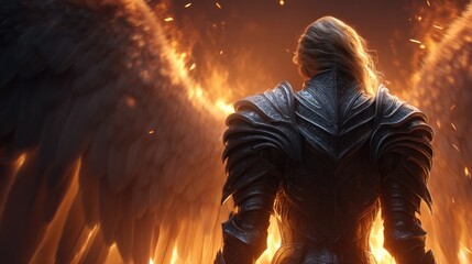 Fototapeta premium Fiery, armored female figure with enormous wings.