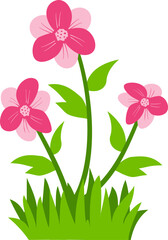 Flat vector illustration of colorful flowers with leaves, stems, and grass. Perfect for nature-themed visuals, garden designs, kids education, and spring graphic elements.