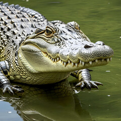 Obraz premium a crocodile looking calm at the water’s edge. Its skin is grayish green with a rough texture and clearly visible scales