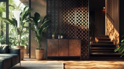 Modern home interior with plants, natural light, staircase, for real estate use