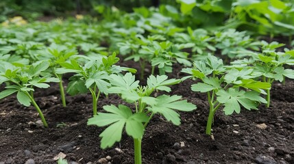 Vibrant Green Seedlings Growing in Rich Soil Springtime Garden Fresh Plants Nature Botany Agriculture Horticulture Lush Greenery Young Plants Early   
