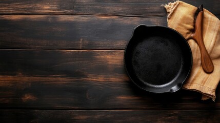 Empty cast iron skillet on a rustic wooden table