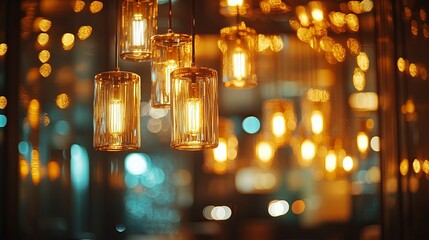 Warm, golden light fixtures illuminate a dimly lit interior space.