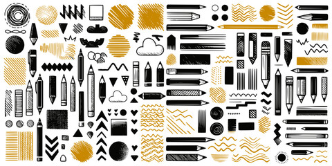 Obraz premium Artistic Pencil and Brush Stroke Patterns, a collection of hand-drawn pencil and brush stroke patterns in black and gold, including various shapes such as zigzags, circles, clouds, hearts, and abstrac