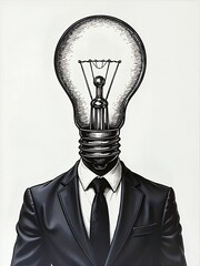 A black and white illustration of a person in a suit with a light bulb for a head, symbolizing ideas or innovation