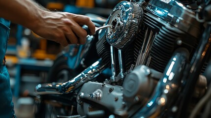 Obraz premium Close-up view of a motorcycle engine being meticulously serviced.