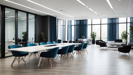 Fototapeta premium Modern Glass Office Interior with Wooden Flooring and Floor-to-Ceiling Windows