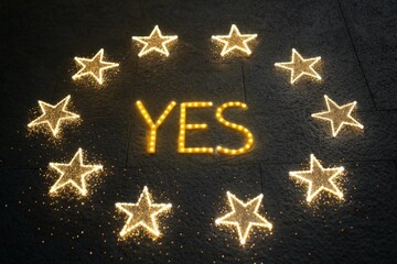 YES in golden stars and black background - generated by ai
