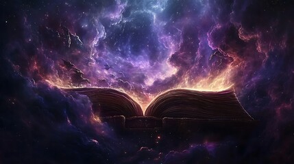 Mystical Open Book with Purple Glow, An open book emits a mystical purple glow, surrounded by swirling clouds and stars