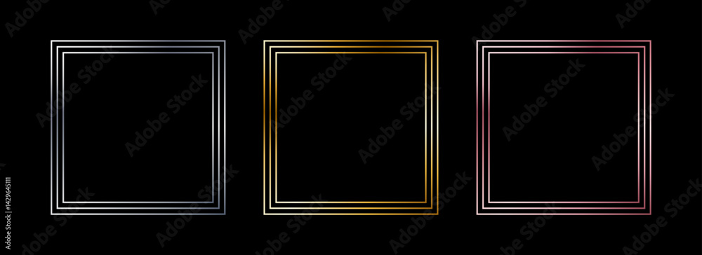 Poster metal thin frame set. shiny golden and silver foil border collection. gold glowing geometric boarder