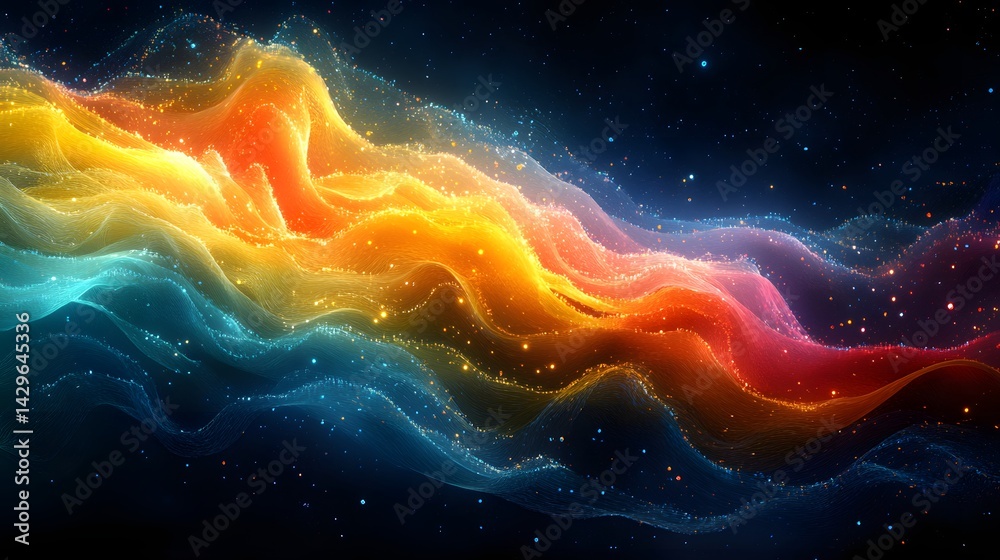 Poster a mesmerizing cosmic wavescape with vibrant colors and glowing particles. a digital artwork evoking 