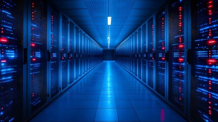 Fototapeta premium A mesmerizing view down a long corridor of servers in a cutting-edge data center. The blue light creates a futuristic atmosphere. Digital